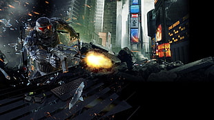 person in black and grey armor firing gun in New York Time Square digital wallpaper, Crysis 2, video games, computer HD wallpaper