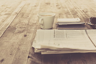 white ceramic cup, newspapers, coffee, smartphone, wooden surface HD wallpaper