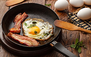 black metal skillet, food, eggs, bacon HD wallpaper