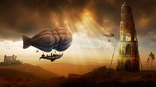 airshift balloon near castle painting, digital art, fantasy art, nature, painting HD wallpaper