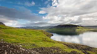 green mountain along with the body of water during daytime, icelandic landscape HD wallpaper