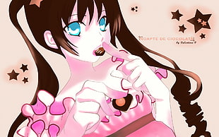 brown haired female animated illlustration eatting chocolate HD wallpaper