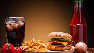 red and white ceramic bowl, burgers, Fries, soda, food HD wallpaper