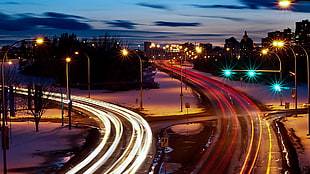 orange and green post lamps, cityscape, long exposure, road, light trails