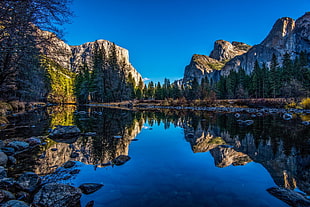 river and mountain view under blue sky during daytime, river, Yosemite National Park, nature, landscape HD wallpaper