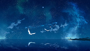 bird flying above the ocean illustration, sky, stars, sea, light house HD wallpaper