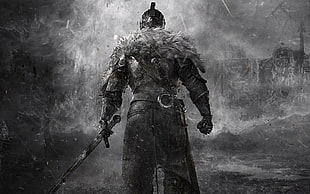 grayscale photo of warrior holding sword HD wallpaper