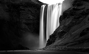 waterfalls grayscale photo, waterfall, monochrome, nature HD wallpaper