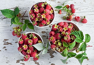 raspberry fruits filled white bowls HD wallpaper
