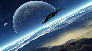 white and black space ship in galaxy overlooking moon HD wallpaper