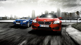 red and blue BMW e-series HD wallpaper