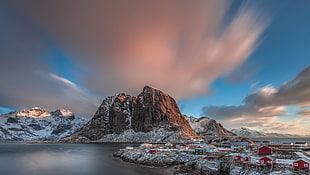 brown and black concrete house, Lofoten, Norway, mountains, sky