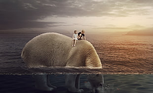 girl and boy riding polar bear on body of water photo HD wallpaper