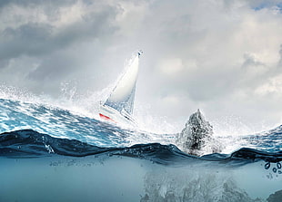 sailboat on sea beside white iceberg painting, sea, boat, underwater, rocks HD wallpaper