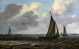 brown sailboat, painting, sailing ship, sea, sky HD wallpaper
