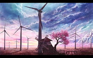 windmill wallpaper, artwork, anime, trees HD wallpaper