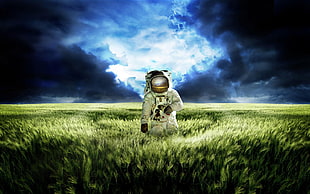 astronaut, field, sky