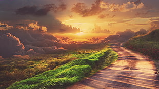 road and grassland during sunset, clouds, grass, road, sunset HD wallpaper
