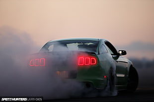 black coupe, Ford Mustang, green, smoke