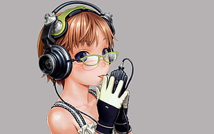 brown hair girl wearing headphones illustration HD wallpaper
