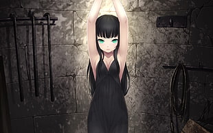 black-haired female anime character wearing black sleeveless dress HD wallpaper