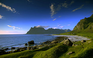 green mountain and blue sky, Norway, beach, rock, mountains HD wallpaper