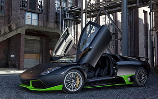 matte black and green Lamborghini Gallardo illustration HD wallpaper