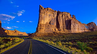 brown and black wooden table, nature, road, Arches National Park, Utah HD wallpaper